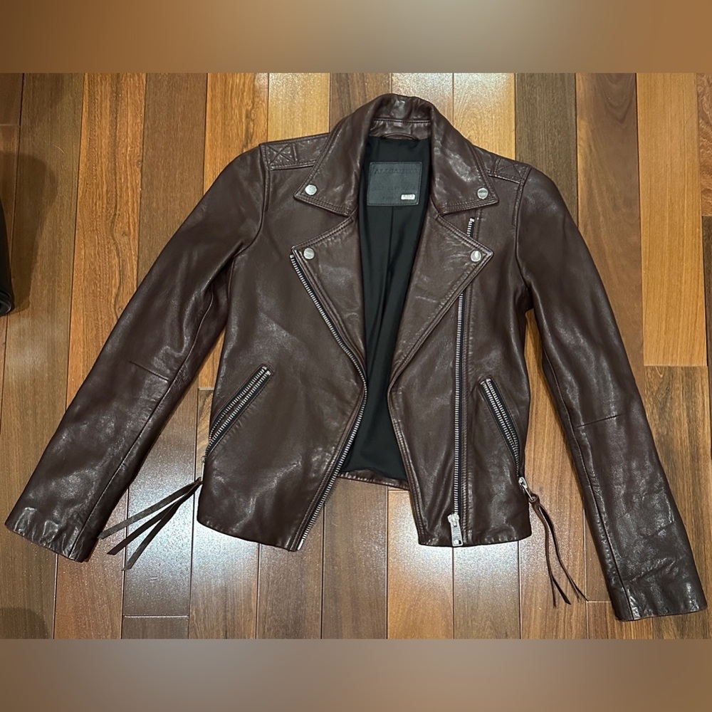 Dalby Slim Fit Leather Biker Jacket. Size  US 00 (tight fit)